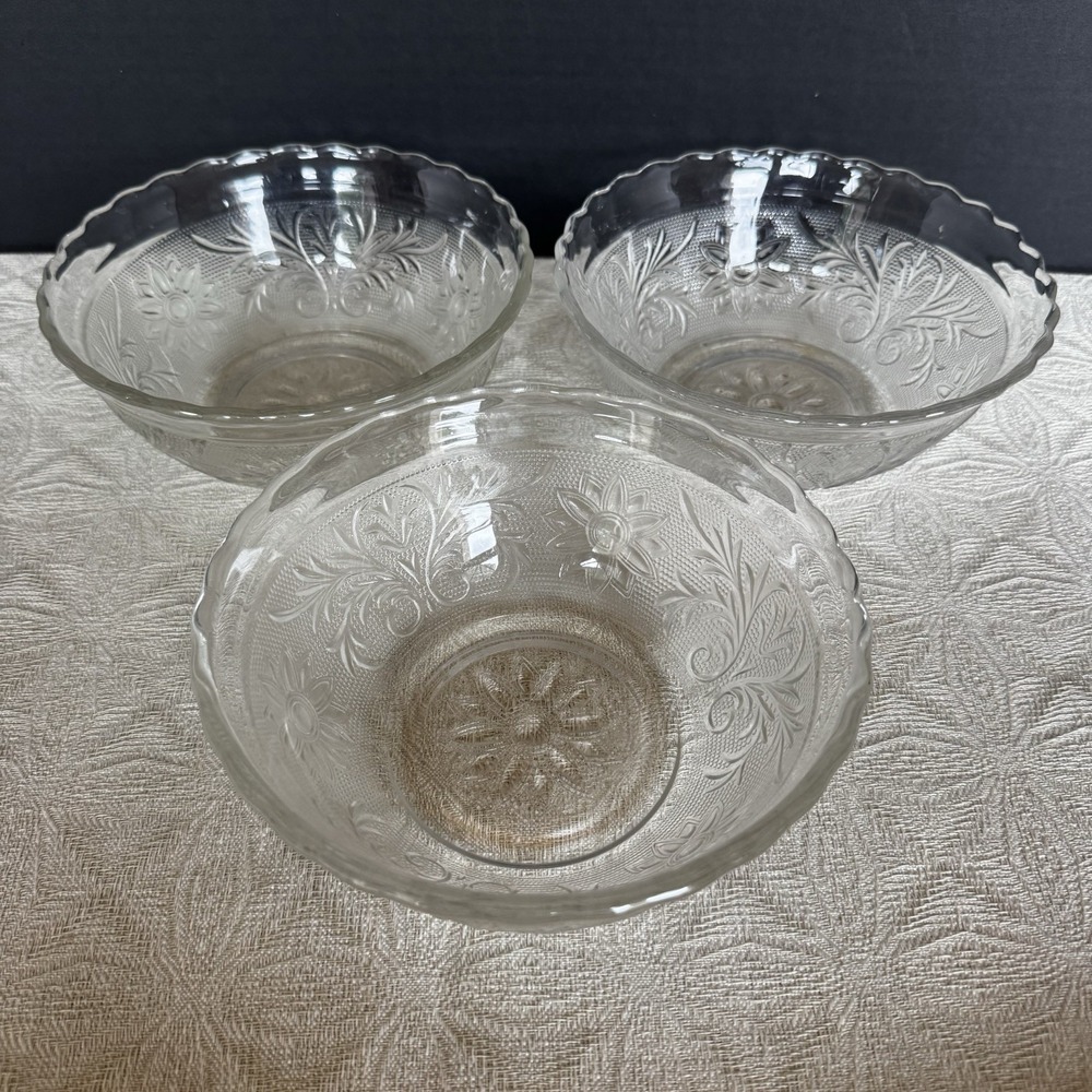 3 Vintage Anchor Hocking 6.5" Glass fruit Cereal Bowl Floral Pattern textured
